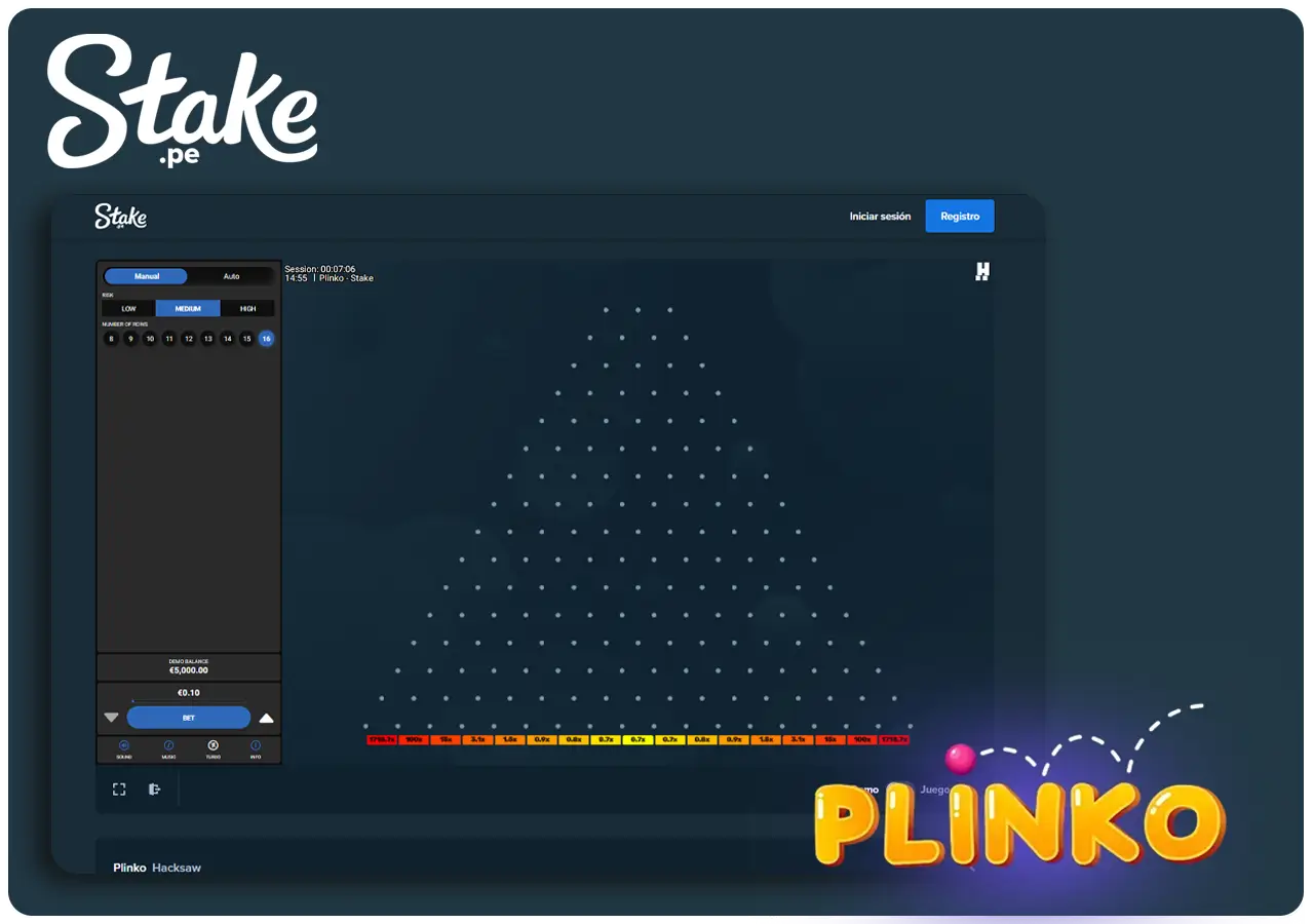 Interface et caractéristiques du jeu Plinko sur Stake