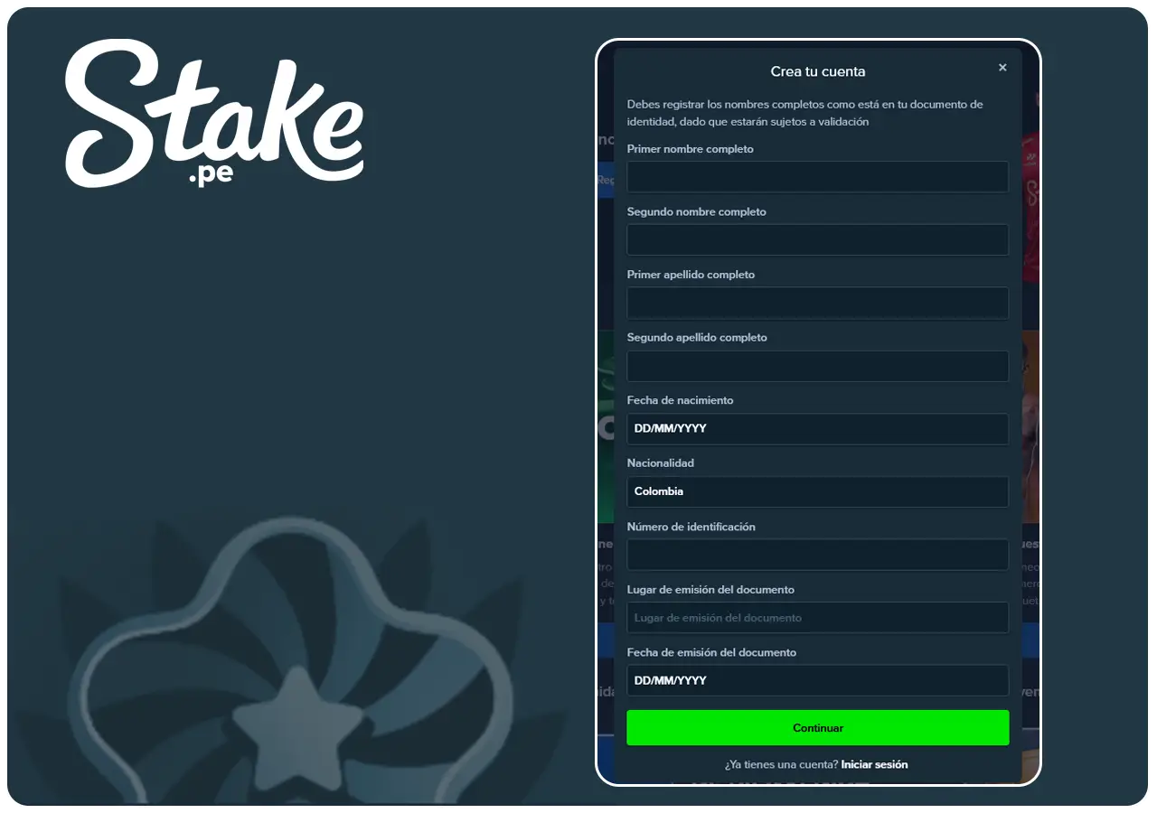 Registrarse en el sitio web Stake